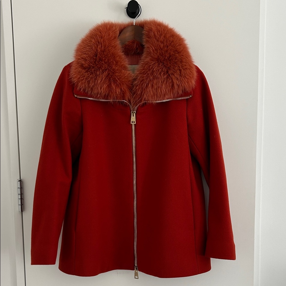 Herno Red Wool Pea Coat with Fox Fur Collar